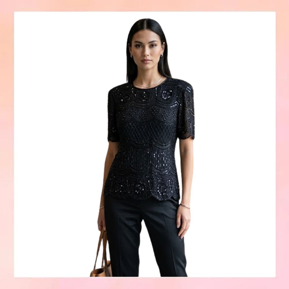 Sténay Vintage 100% Silk Beaded Sequin Blouse Black Evening Top XL